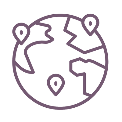 Eine Illustration der Weltkugel mit drei Standortmarkierungen auf verschiedenen Kontinenten. ALT