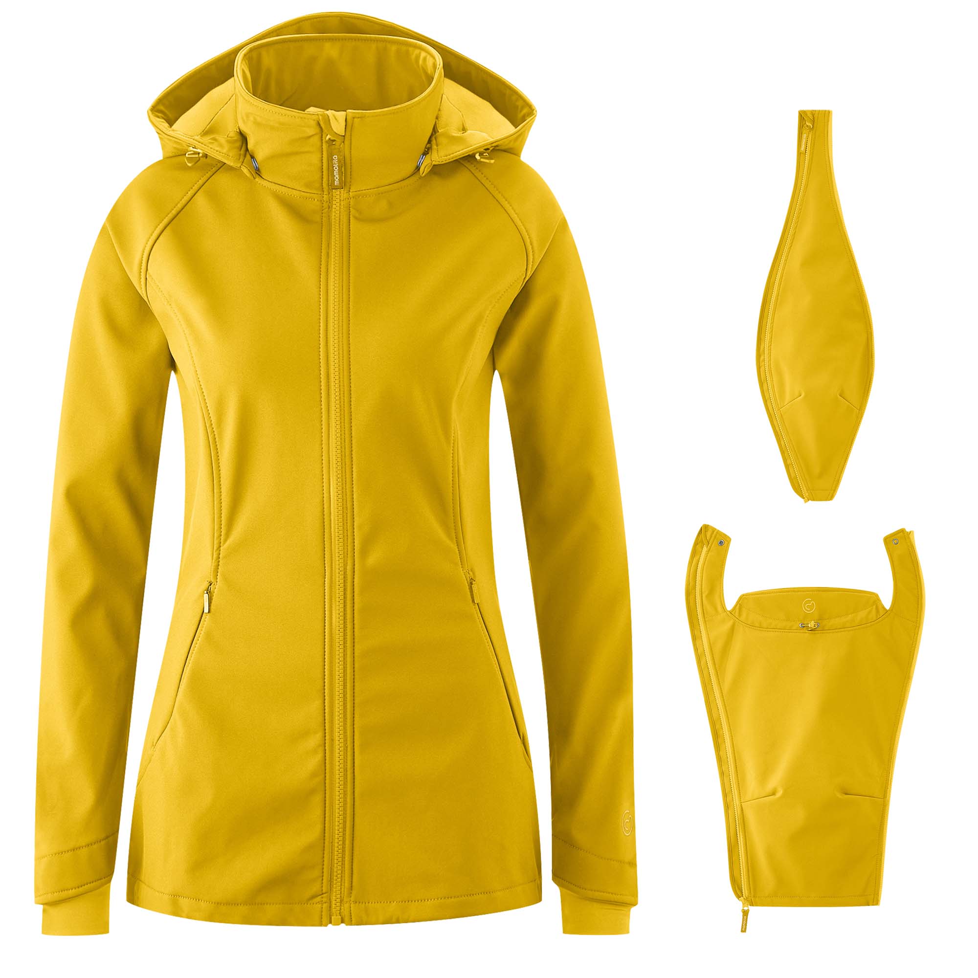 Eine gelbe Softshell-Tragejacke mit Tragecover in Frontalansicht.