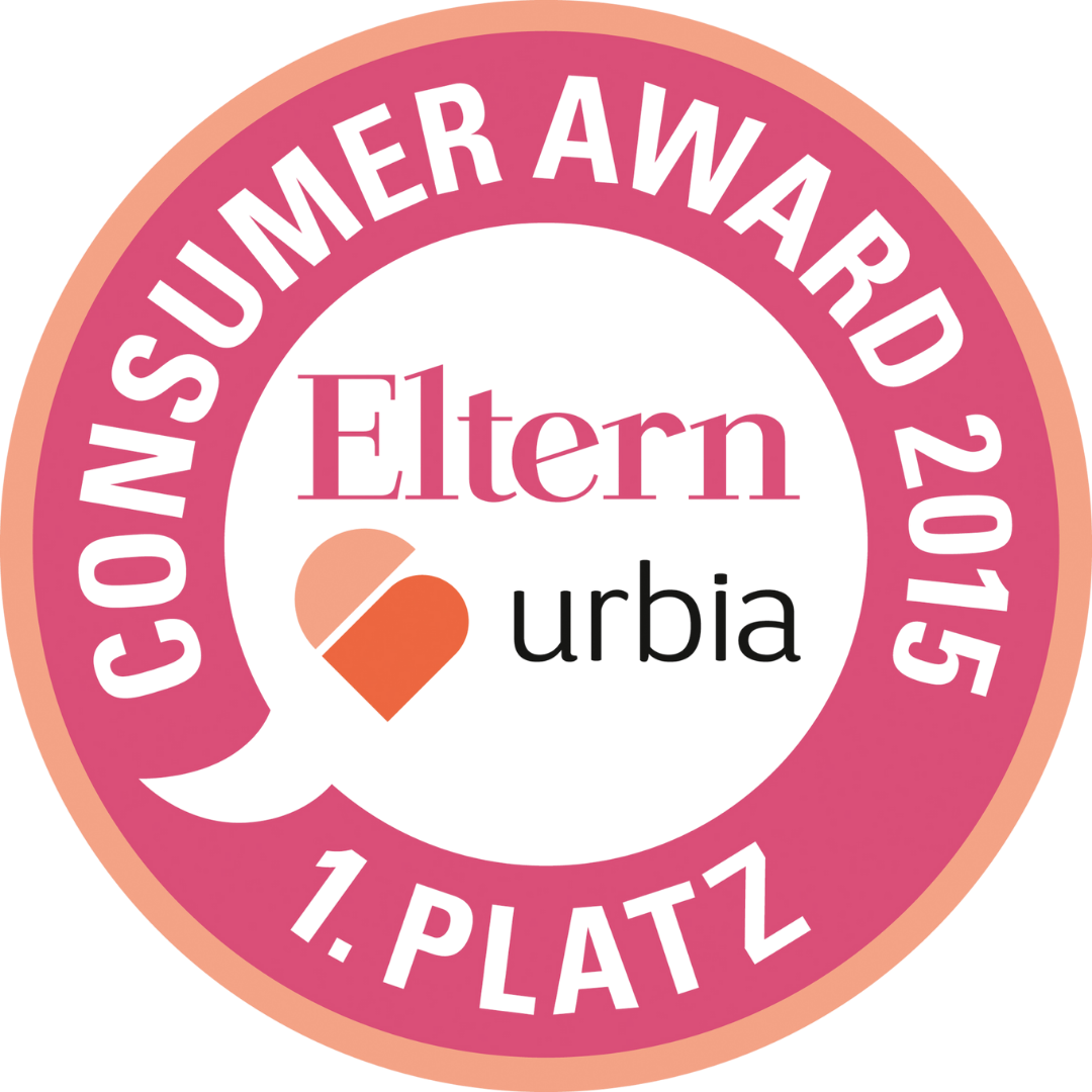 Rundes Siegel „Eltern Consumer Award 2015 – 1. Platz“ mit Herzsymbol und urbia Logo