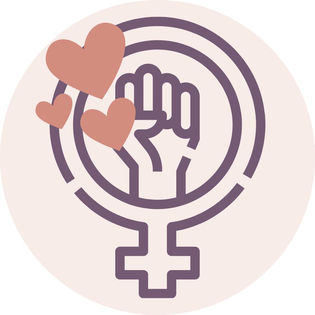 Illustration mit Venus-Symbol, erhobener Faust und Herzen in warmen Farben