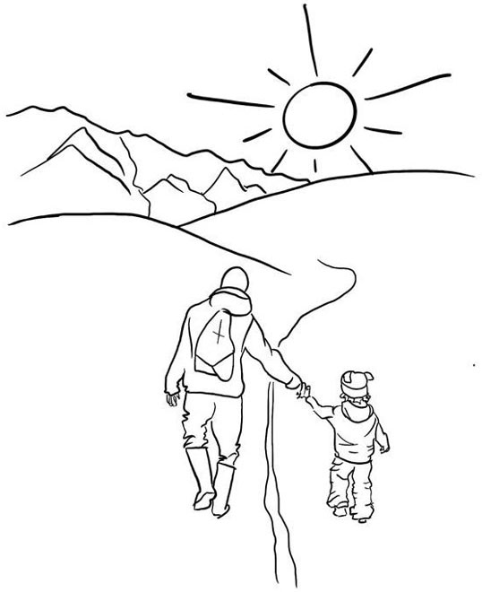 Eine Illustration einer Person mit Kind an der Hand in den Bergen.