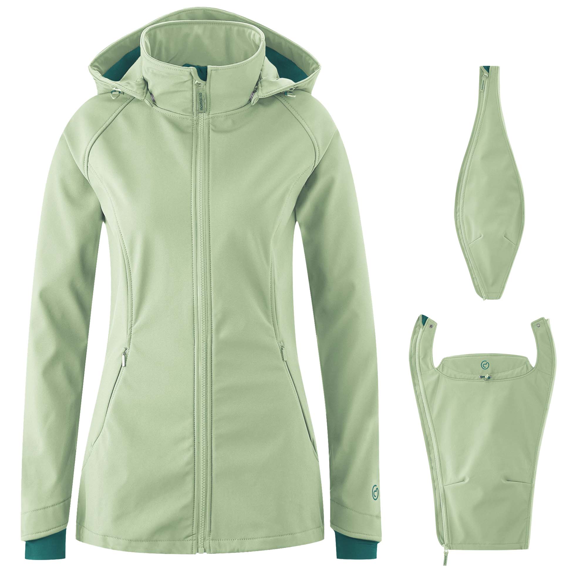 Eine mint-grüne Softshell-Tragejacke mit Tragecover in Frontalansicht.