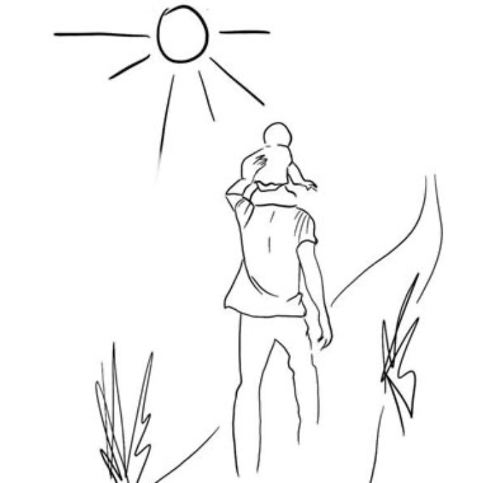 Eine Illustration einer Person, die ein Kind auf den Schultern trägt und einen Pfad entlang geht.