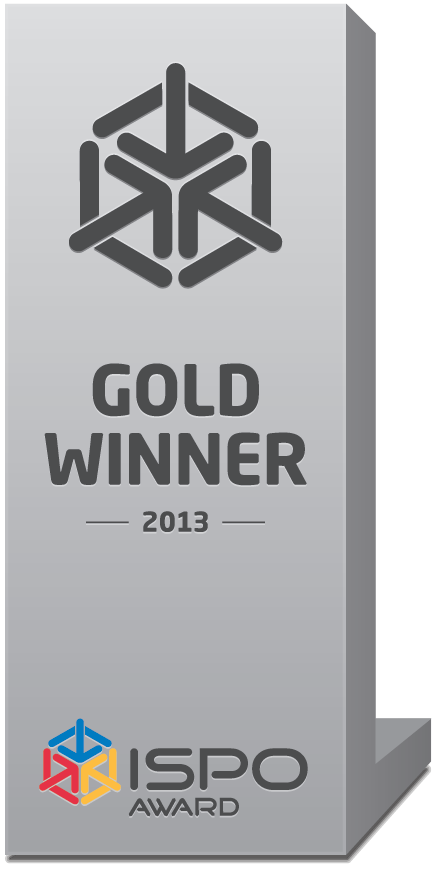 Graue ISPO Award Trophäe „Gold Winner 2013“ mit geometrischem Symbol und farbigem Logo unten