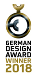 Schwarz-goldenes Siegel „German Design Award Winner 2018“ mit kreisförmigem Symbol