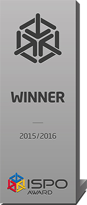 Graues ISPO Award Siegel „Winner 2015/2016“ mit geometrischem Symbol und Logo unten
