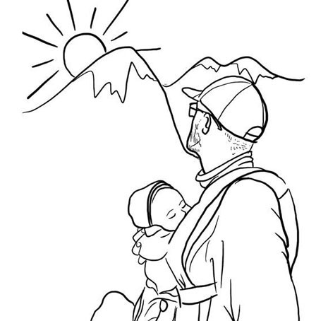 Eine Illustration eines jungen Papas, der mit einer Tragejacke sein Baby an der Brust trägt und in die Berge schaut.