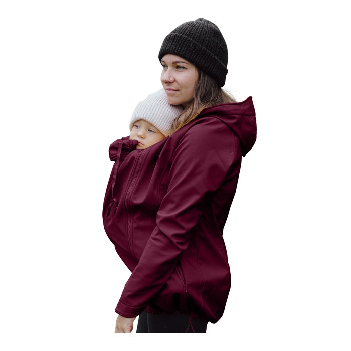 Woman front carrying her baby in the burgundy mamalila babywearing jacket