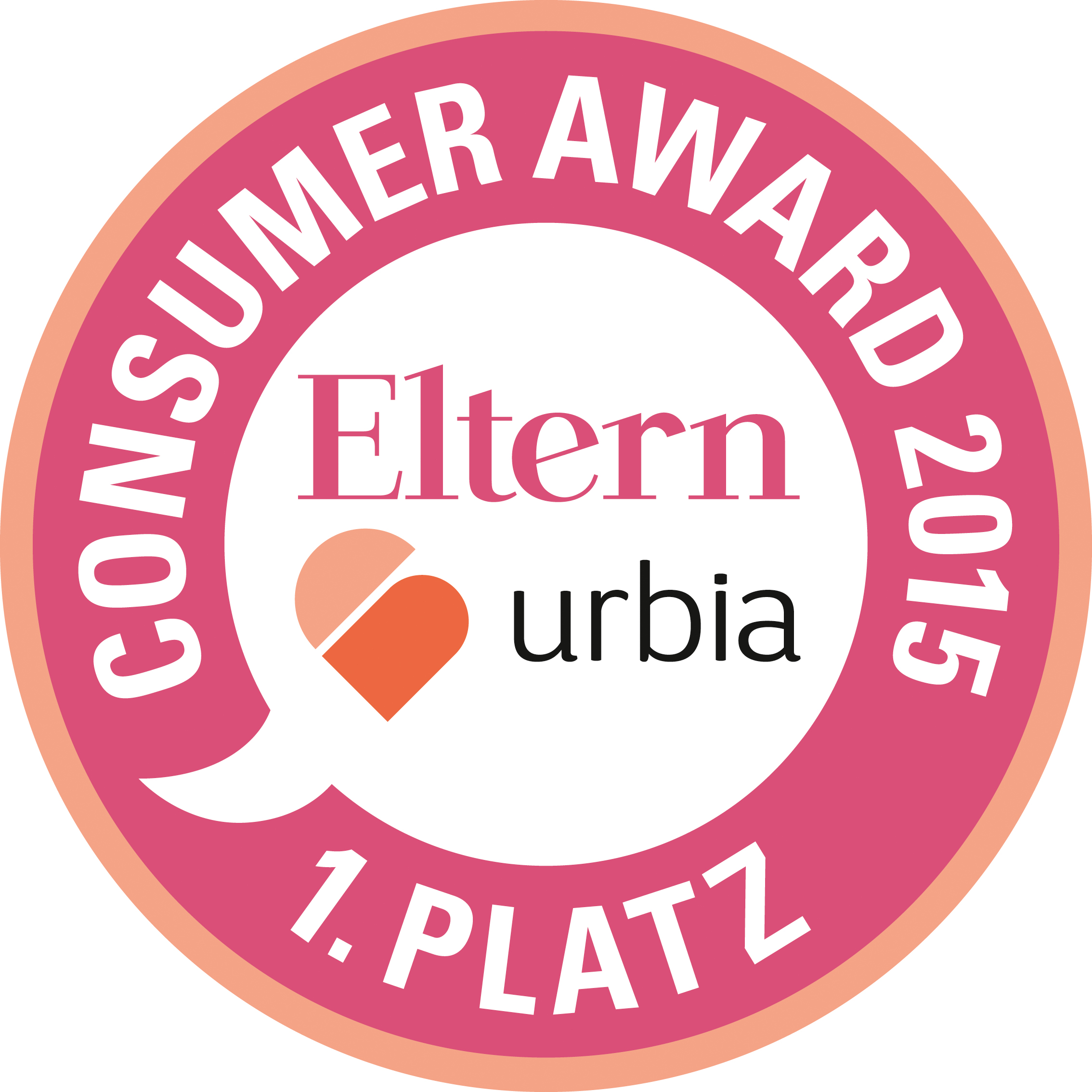 Rundes pinkes Siegel „Consumer Award 2015 – 1. Platz“ von Eltern urbia